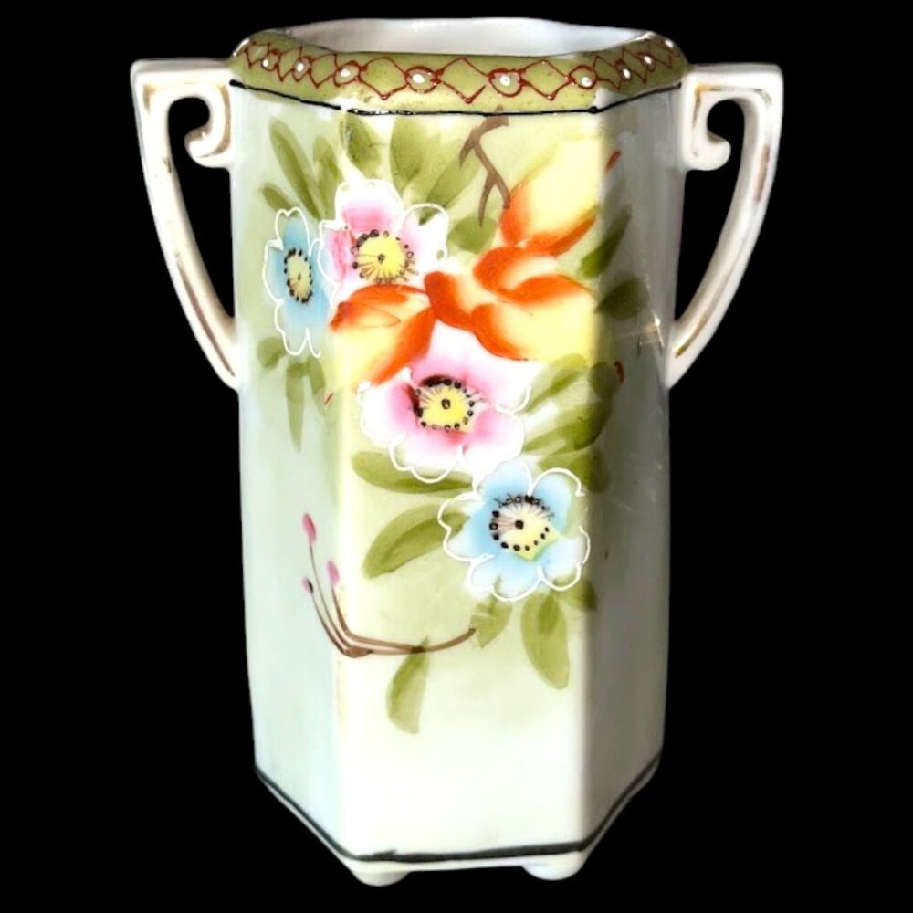 Vintage Nippon "M" Morimura 2 Handled Vase Hand Painted Floral Art Nouveau Vase